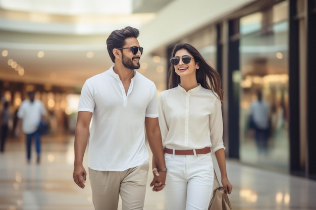 Jovem casal indiano caminhando juntos no shopping