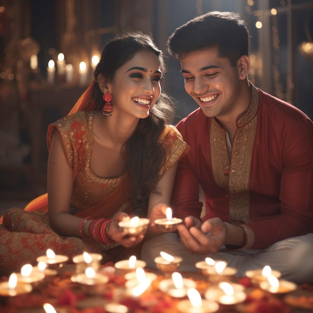 Jovem casal indiano comemorando o festival de Diwali juntos em casa