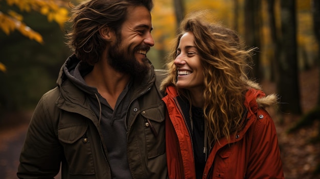 Jovem casal indo em uma viagem pela floresta em um dia de outono