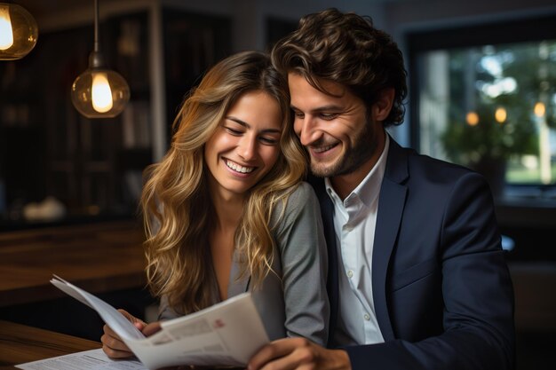 jovem casal lendo contrato ou certificado