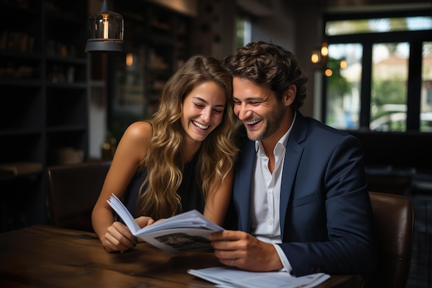 jovem casal lendo contrato ou certificado