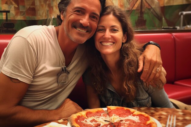 Jovem casal maduro desfrutar de uma noite na pizzeria tendo uma foto na frente de uma pizza margherita na mesa pessoas e namoro romântico homem e mulher comendo comida italiana para o jantar