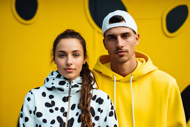 Jovem casal moderno em roupa esportiva posa contra um cenário de estúdio amarelo vibrante
