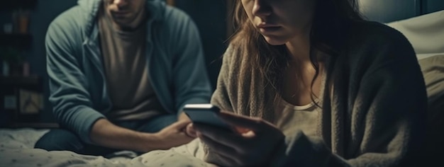 Jovem casal na cama à noite, homem e mulher estão usando telefones celulares generative ai