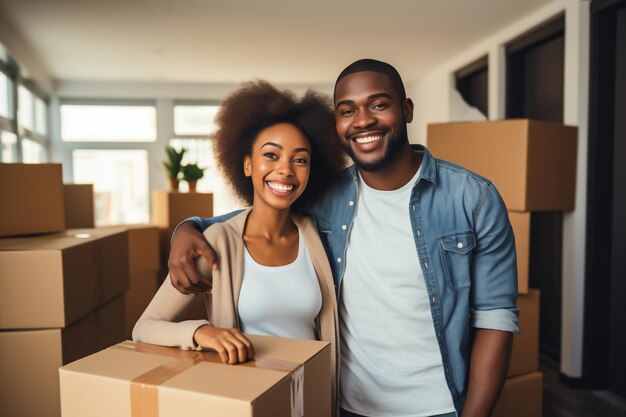 Jovem casal negro feliz em sua nova casa depois de se mudar Desembalar caixas depois de se mudar para um novo apartamento, novo proprietário, imóvel de aluguel de hipoteca