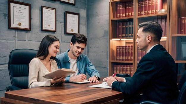 Foto jovem casal no escritório de advogados