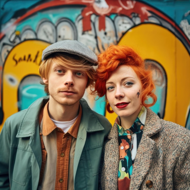 jovem casal olhando e em pé posando contra a parede de graffiti colorida grunge gerada por IA