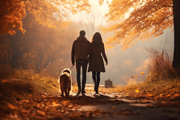 jovem casal passeando com o cachorro no parque no dia de outono o sol brilha AI Generated