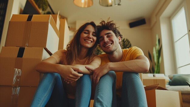 Foto jovem casal preto sorrindo e segurando caixas de novo lar