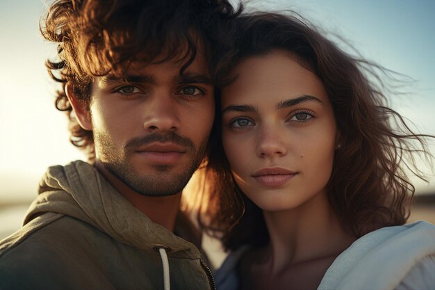 Jovem casal retrato dois amantes passando tempo viajantes de campo ensolarado IA generativa