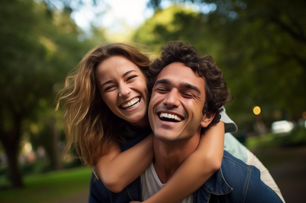 jovem casal rindo e cavalgando no fundo estilo bokeh do parque