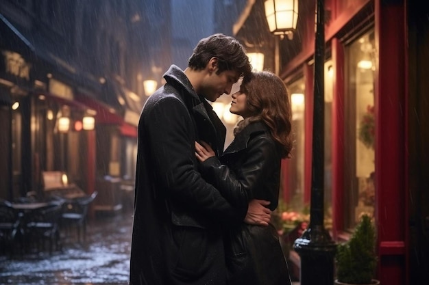 Jovem casal se beijando e se abraçando ao ar livre na rua noturna na época do Natal
