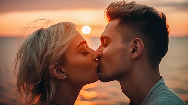 Jovem casal se beijando na praia ao pôr do sol closeup Generative AI