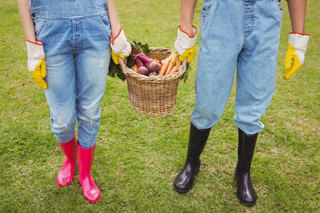 Jovem casal segurando uma cesta de legumes recém colhidos no jardim