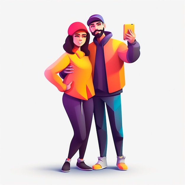 Jovem casal sorridente romântico fazendo selfie em fundo colorido estilizado gerado por IA