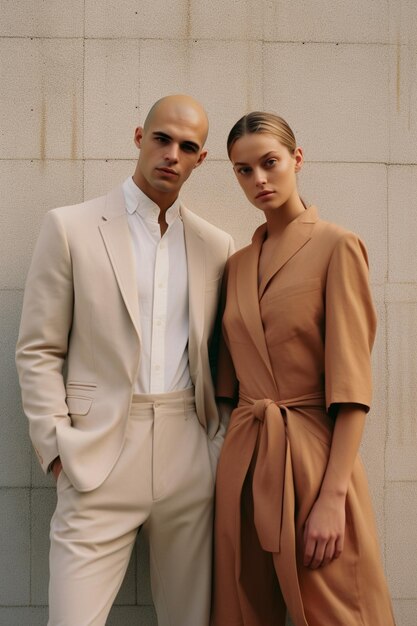 Foto jovem casal vestido de cores claras olhos bonitos parceiro sessão de moda fotografia de moda