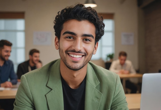 Jovem casual em blazer verde com sorriso envolvente fundo de escritório acolhedor e relaxado