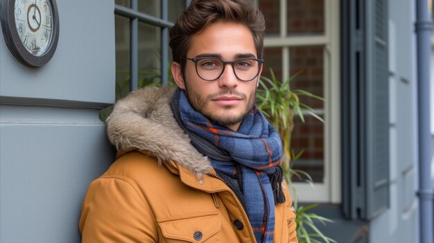 Jovem casual em trajes de outono posando perto de um edifício