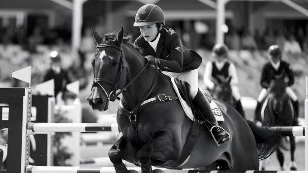 Foto jovem cavaleiro montando um cavalo pulando sobre uma cerca em uma corrida equestre