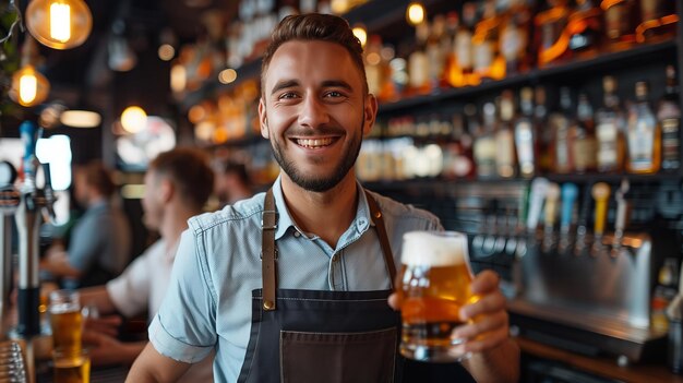 Jovem cervejeiro vestindo um avental de couro está testando cerveja em uma cervejaria moderna