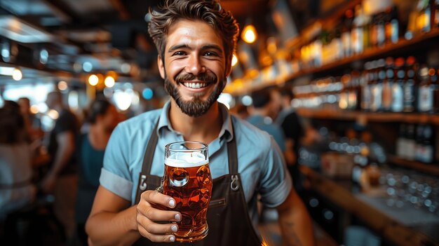 Jovem cervejeiro vestindo um avental de couro está testando cerveja em uma cervejaria moderna