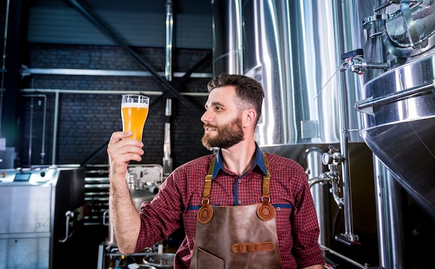 Jovem cervejeiro vestindo um avental de couro está testando cerveja em uma cervejaria moderna