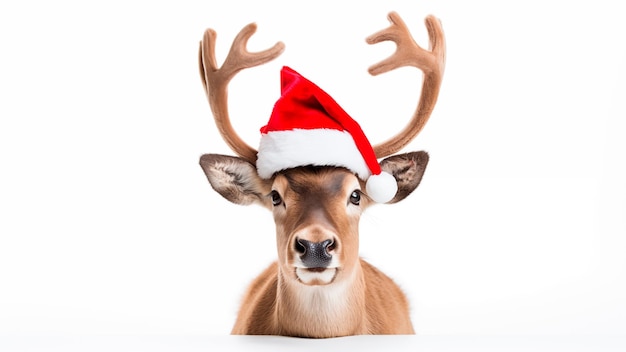 Jovem cervo alegre usa chapéu vermelho quente de Papai Noel posando olhar câmera isolada em fundo branco estúdio novo