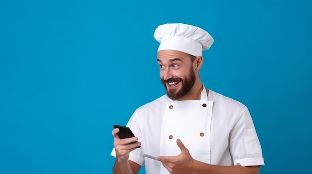 Jovem chef barbudo excitado ou cozinheiro padeiro homem de avental camiseta branca chapéu de chef toque