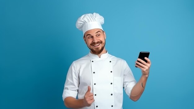 Jovem chef barbudo excitado ou cozinheiro padeiro homem de avental camiseta branca chapéu de chef toque