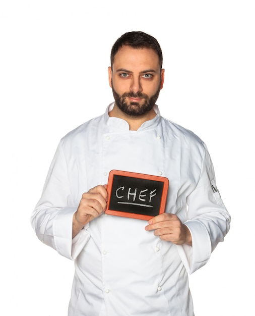 Jovem chef com quadro de giz.