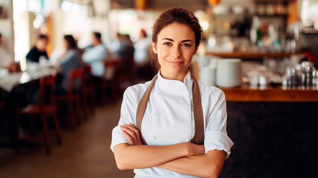 jovem chef feminina posando na cozinha