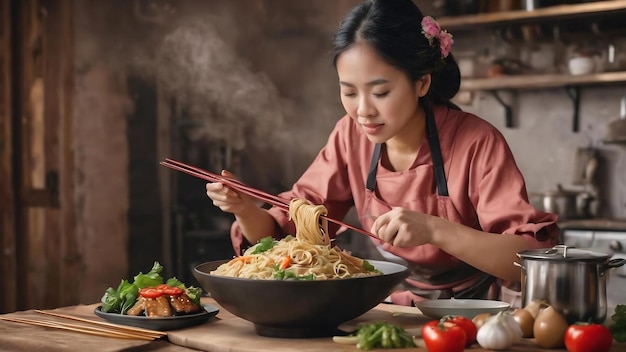 Jovem chef filipino desfrutando de macarrão com pauzinhos no estúdio