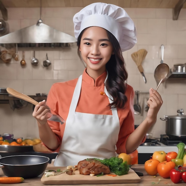 Jovem chef filipino segurando a panela pelo punho sorrindo alegremente mostrando o número cinco com os dedos