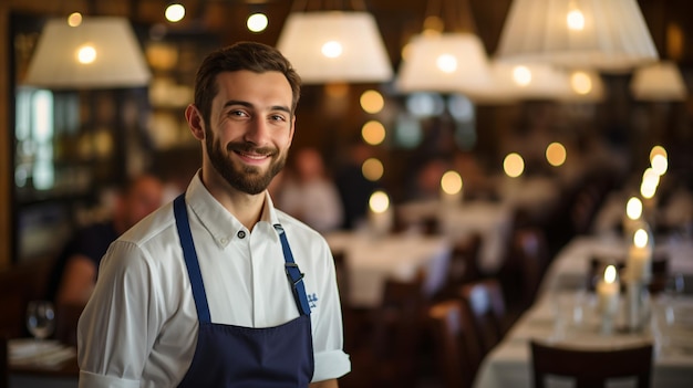 Jovem chef masculino em pé em um restaurante