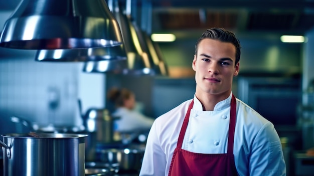 Jovem chef posando em uma cozinha profissional
