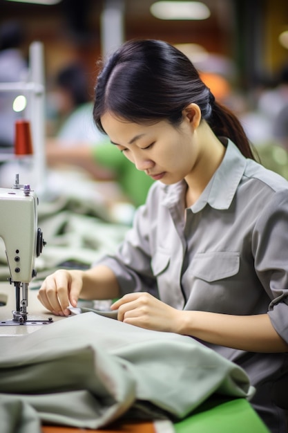 Jovem chinesa costurando roupas trabalhando em uma máquina de costura em uma fábrica de roupas