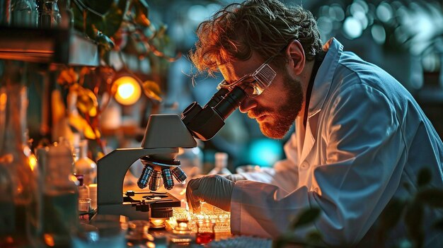 Foto jovem cientista em um laboratório olhando através de um microscópio jovem pesquisador trabalhando em um projeto xa