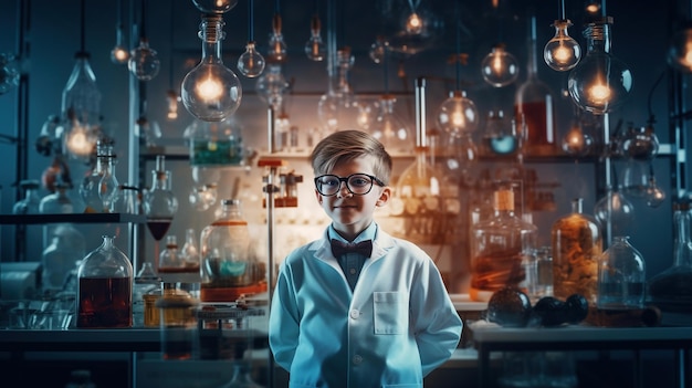 jovem cientista inventor de 8 anos em laboratório moderno