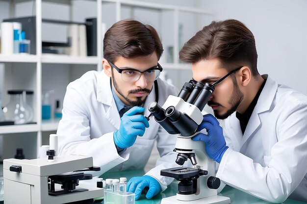 Foto jovem cientista trabalhando com um microscópio em laboratório