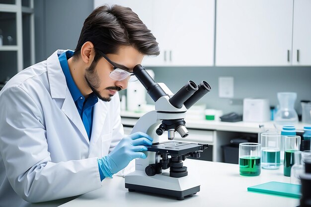 Jovem cientista trabalhando em microscópio em laboratório