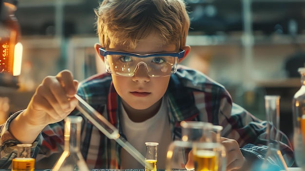 Foto jovem cientista usando óculos de proteção realiza uma experiência em um laboratório mal iluminado