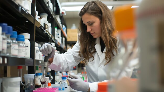 Jovem cientista vestindo um casaco de laboratório e luvas trabalha em um laboratório