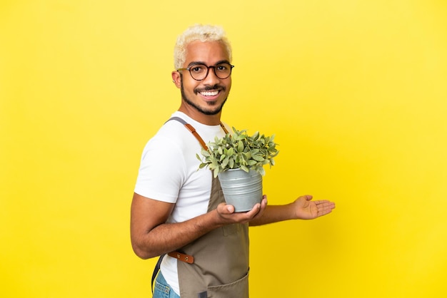 Jovem colombiano segurando uma planta isolada em um fundo amarelo, estendendo as mãos para o lado para convidá-lo a vir