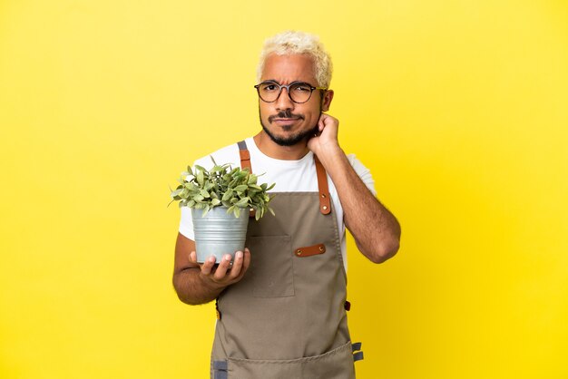 Jovem colombiano segurando uma planta isolada em um fundo amarelo, tendo dúvidas