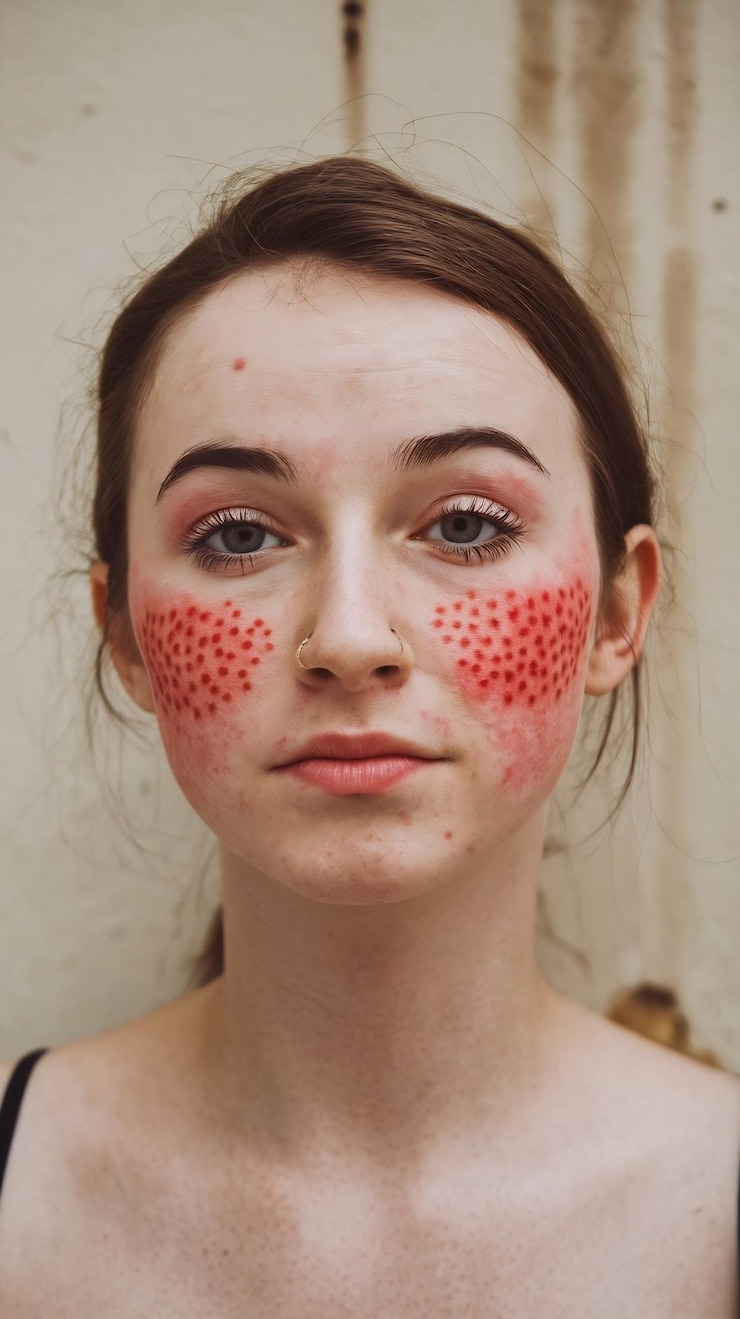 Foto jovem com bochechas vermelhas devido a rosácea acneiforme