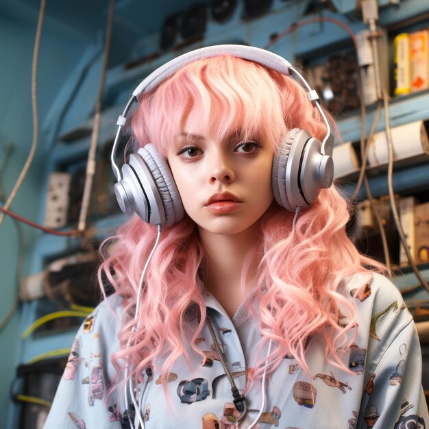 Jovem com cabelo rosa em fones de ouvido ouvindo música Tendência de cores pastel