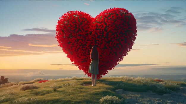 Foto jovem com cabelos longos em um vestido de pé na frente de um grande coração vermelho de rosas vermelhas na grama verde ao pôr do sol flores florecendo um símbolo da primavera nova vida