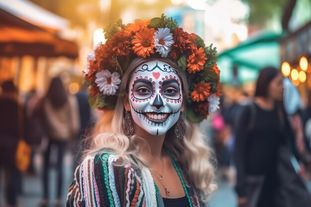 jovem com caveira pintada no rosto ao ar livre Celebração do Dia dos Mortos no México
