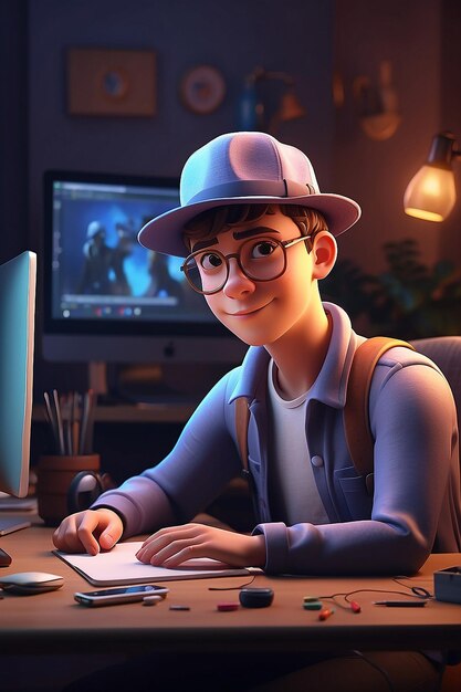 Foto jovem com chapéu editando vídeo ilustração de personagens 3d