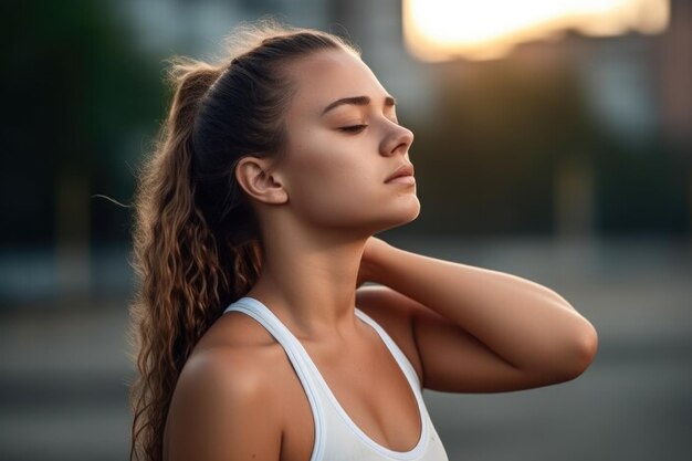 Jovem com dor no pescoço enquanto se exercita na quadra criada com IA generativa